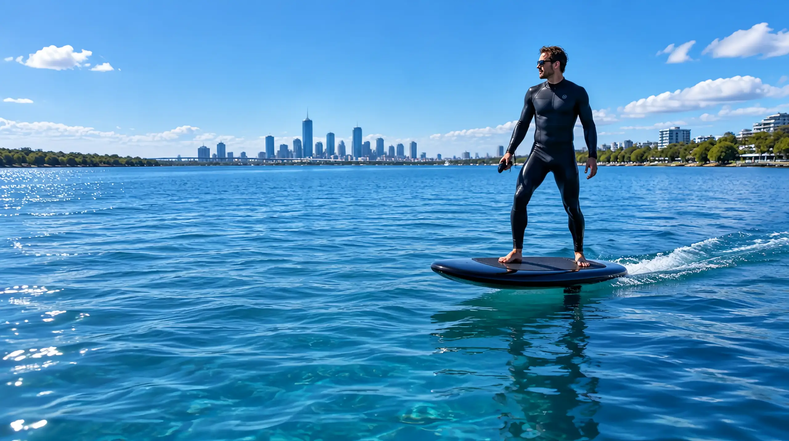 A rider on an eFoil board on the Swan River with the Perth skyline behind